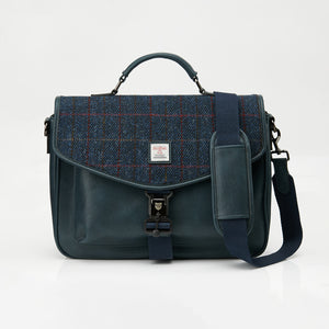 Straight: Navy Over Check Tartan: Modern Laptop Bag with Harris Tweed® (front view) with Navy PU leather and adjustable shoulder strap. Holds 13" laptops & A4 files.