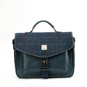 Straight: Navy Over Check Tartan: Modern Laptop Bag with Harris Tweed® (front view) with a Navy PU leather. Holds 13" laptops & A4 files.