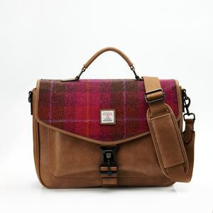 Straight: Red Tartan: Modern Laptop Bag with Harris Tweed® (front view) with Brown PU leather and adjustable shoulder strap. Holds 13" laptops & A4 files.