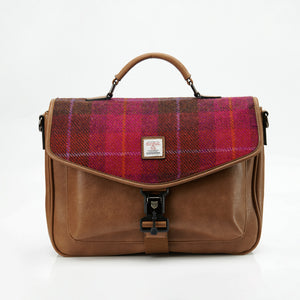 Straight: Red Tartan: Modern Laptop Bag with Harris Tweed® (front view) with a Brown PU leather. Holds 13" laptops & A4 files.