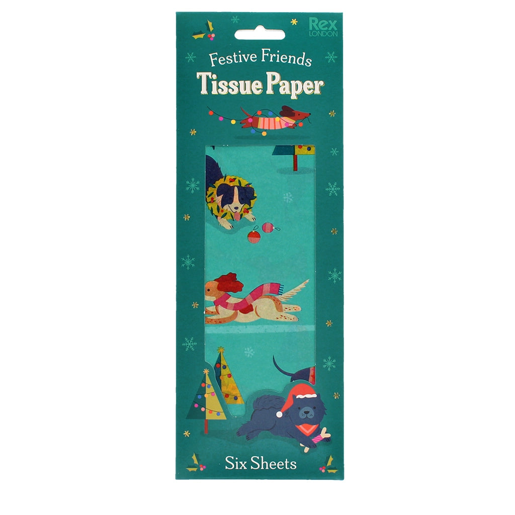 Festive Friends Tissue Paper pack featuring playful dogs in Christmas outfits on teal background – 6 sheet set by Rex London.