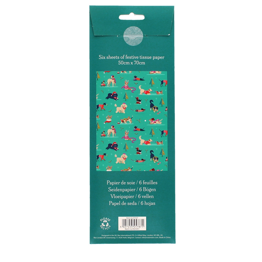 Back of Festive Friends Tissue Paper packaging with product details and festive dog design preview.