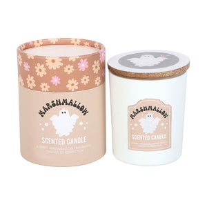 Toasted Marshmallow scented candle with floral gift box and illustrated wooden lid, shown on a white background.