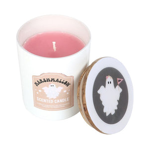 Open Toasted Marshmallow candle showing pink wax and detached wooden lid featuring ghost illustration.