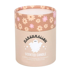 Cylindrical floral gift box for Toasted Marshmallow scented candle, decorated with retro flowers and ghost graphic.