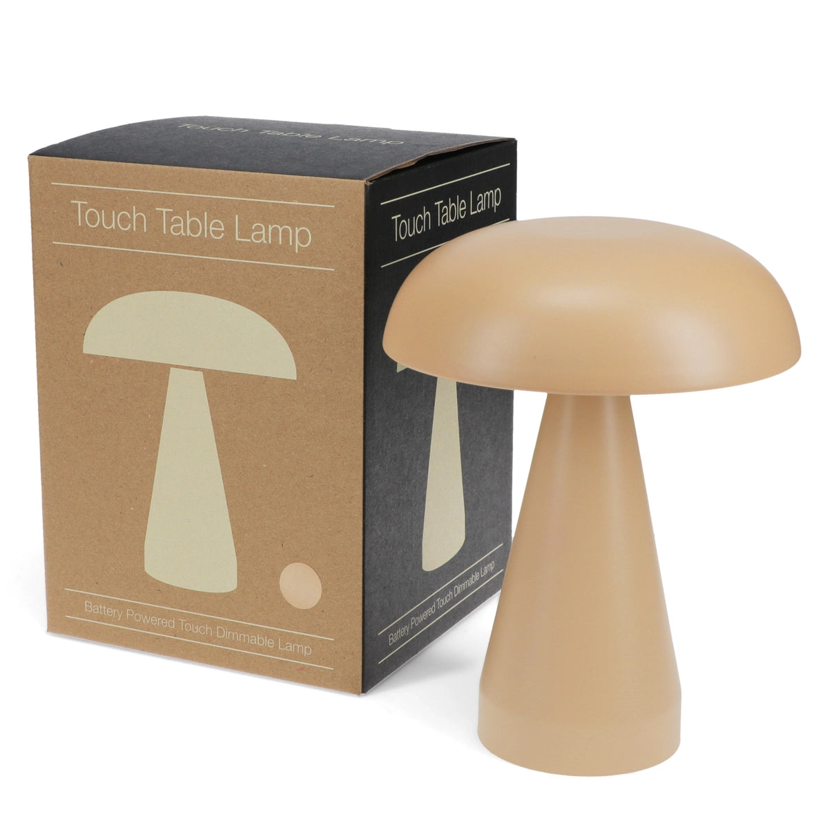 Touch Dimmable Mushroom Table Lamp – Fawn, modern battery-powered lamp in a soft tan colour beside its box.