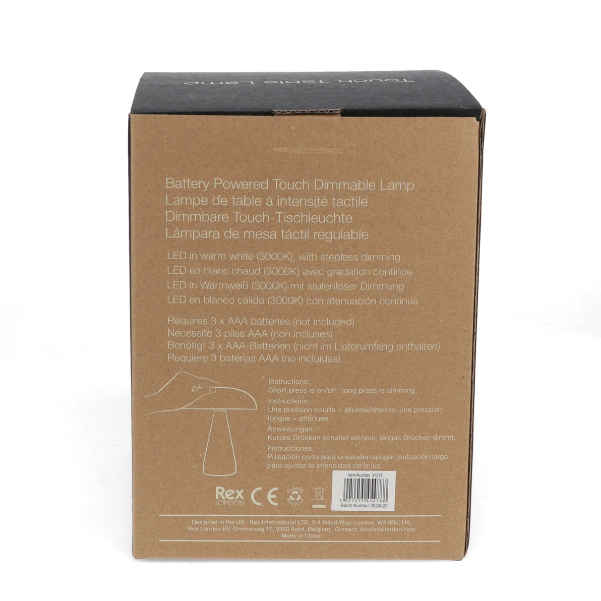 Rear view of lamp packaging with product details for the Touch Dimmable Mushroom Table Lamp – Fawn.