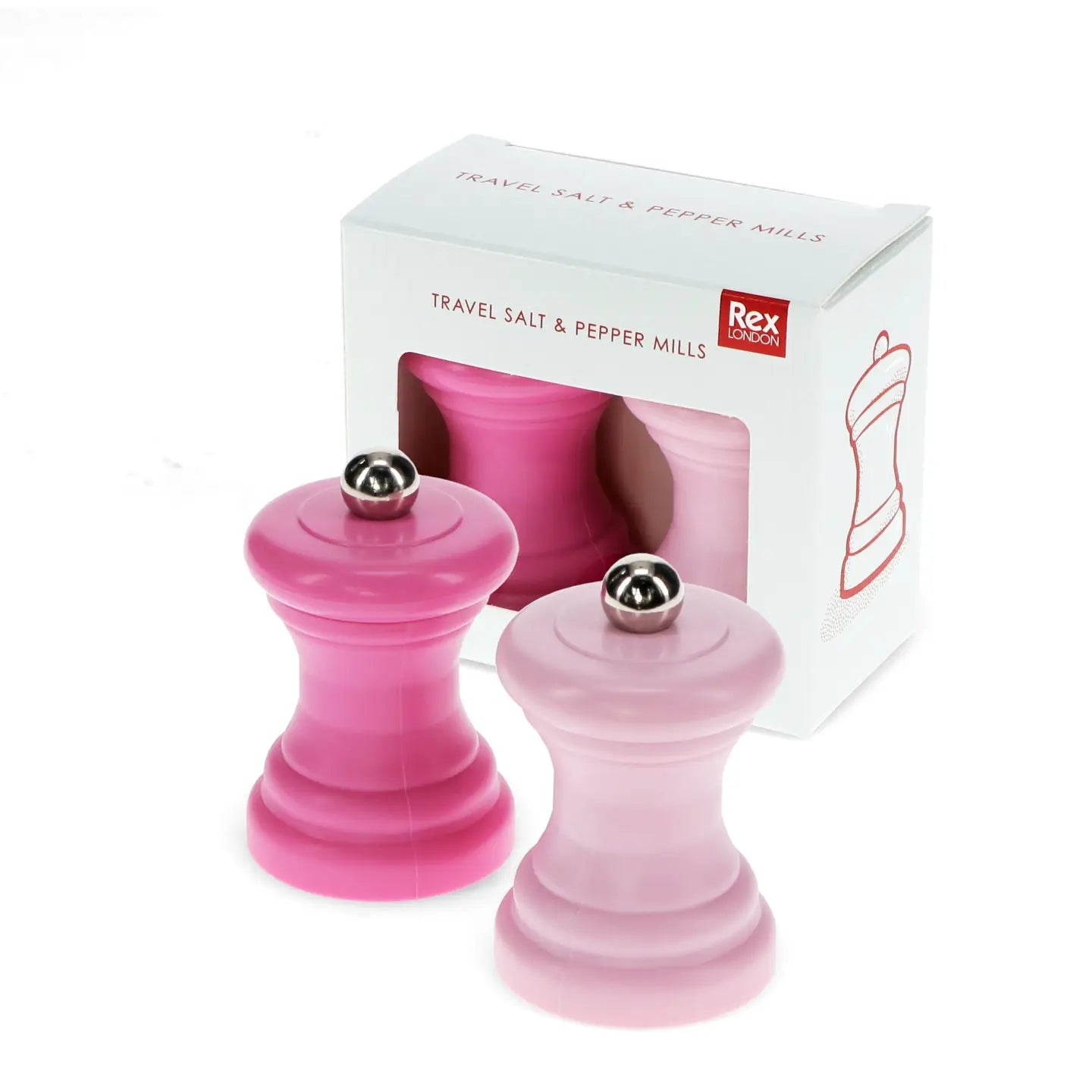 Pair of pink travel-sized salt and pepper mills with gift box packaging from Rex London.