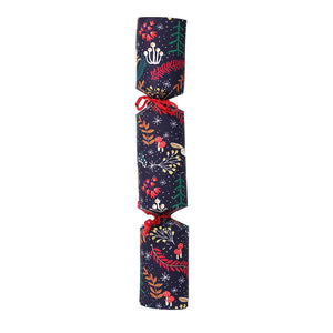 Single navy blue Christmas cracker with red ribbon and woodland pattern.