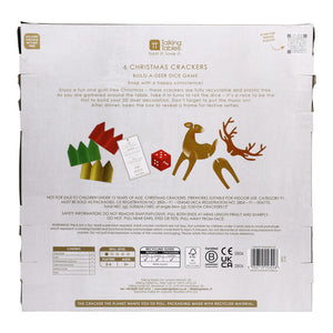 Back of cracker box showing contents, reindeer game, and QR code for playlist.