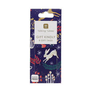 Plastic-free gift tag set with hare design and forest details in midnight blue packaging – 8-pack front view.