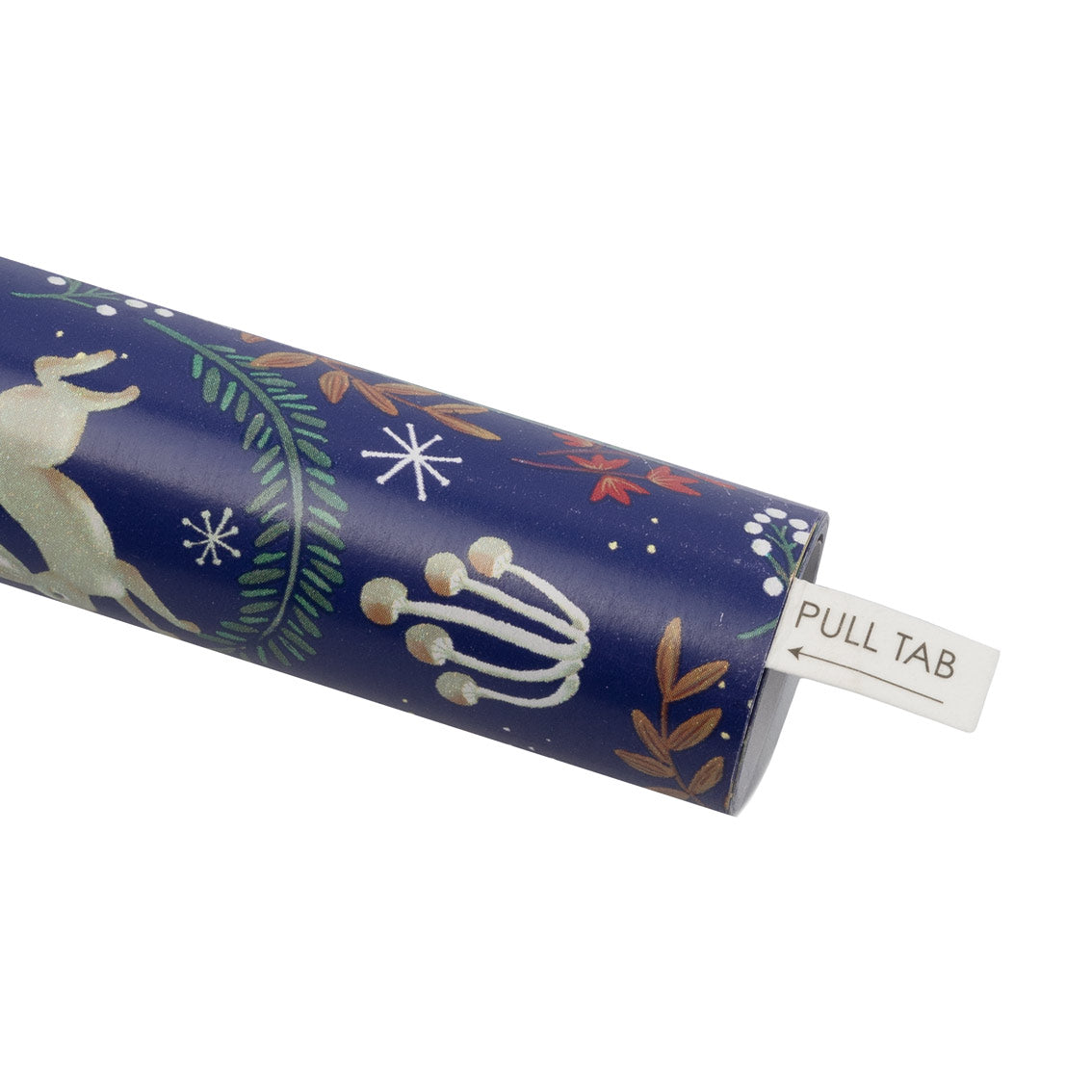 Eco-friendly Christmas gift wrap showing pull tab paper seal, featuring festive forest design on twilight blue.