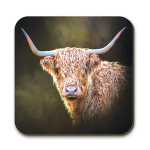 A close-up of the Twilight Highland Cow Coaster showcasing the vibrant artwork of a Highland cow with its textured fur and striking horns. The coaster is square-shaped with rounded edges and a durable hardboard surface.