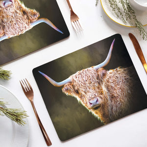 Twilight Highland Cow Placemat featuring a detailed illustration of a Highland cow with curved horns against a twilight background.