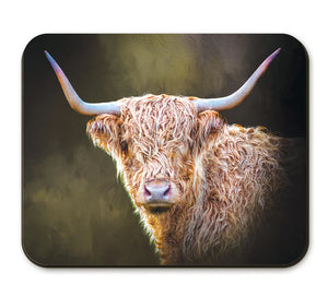 Close-up of Twilight Highland Cow Placemat with a rustic design, placed on a dining table with cutlery and a cup.