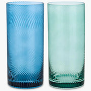 Set of two coloured highball glass tumblers in blue and green with a twisted textured design, 470ml capacity.
