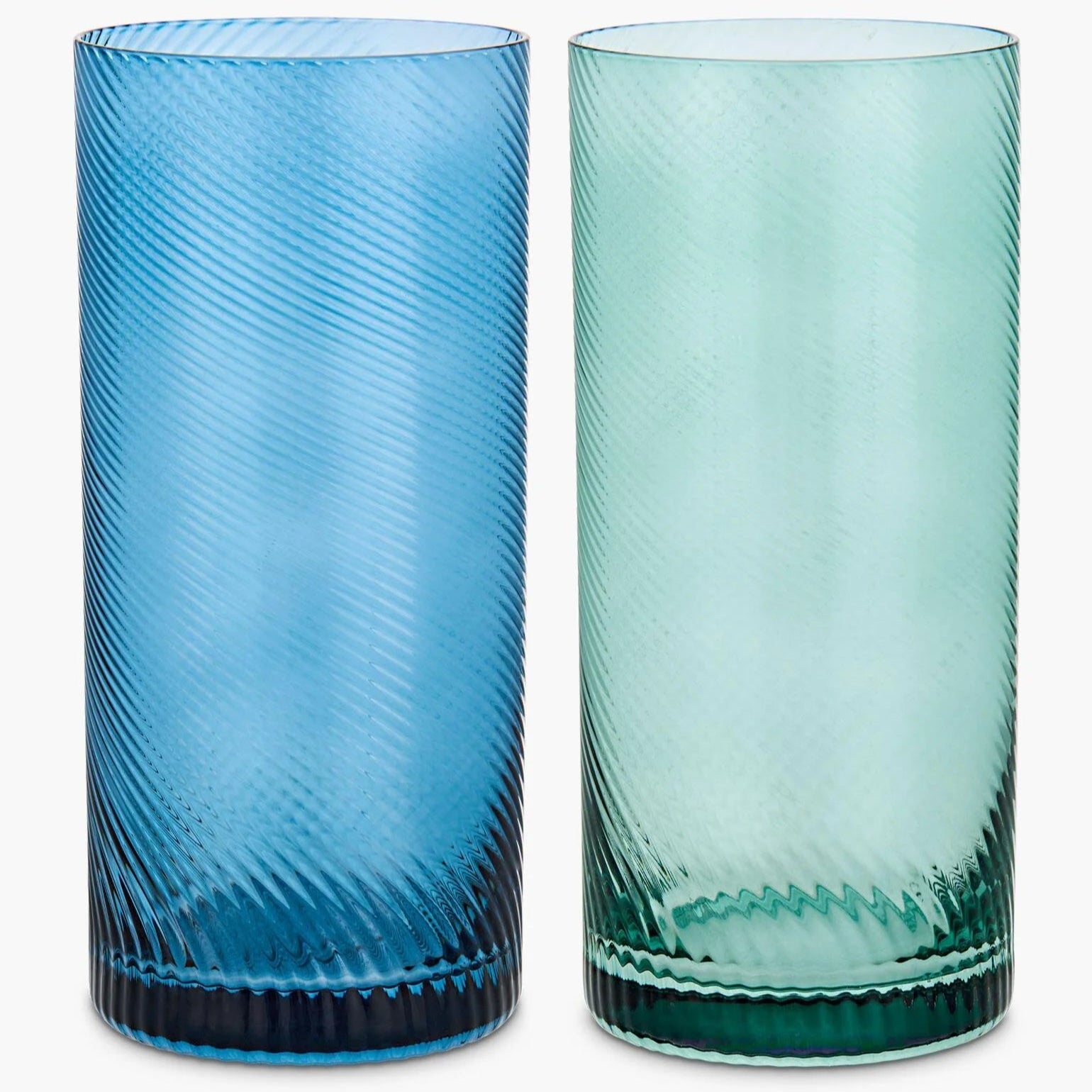 Set of two coloured highball glass tumblers in blue and green with a twisted textured design, 470ml capacity.