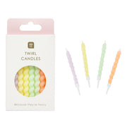 Box of Twisted Pastel Birthday Candles by Talking Tables in pastel yellow, pink, green and purple shades.