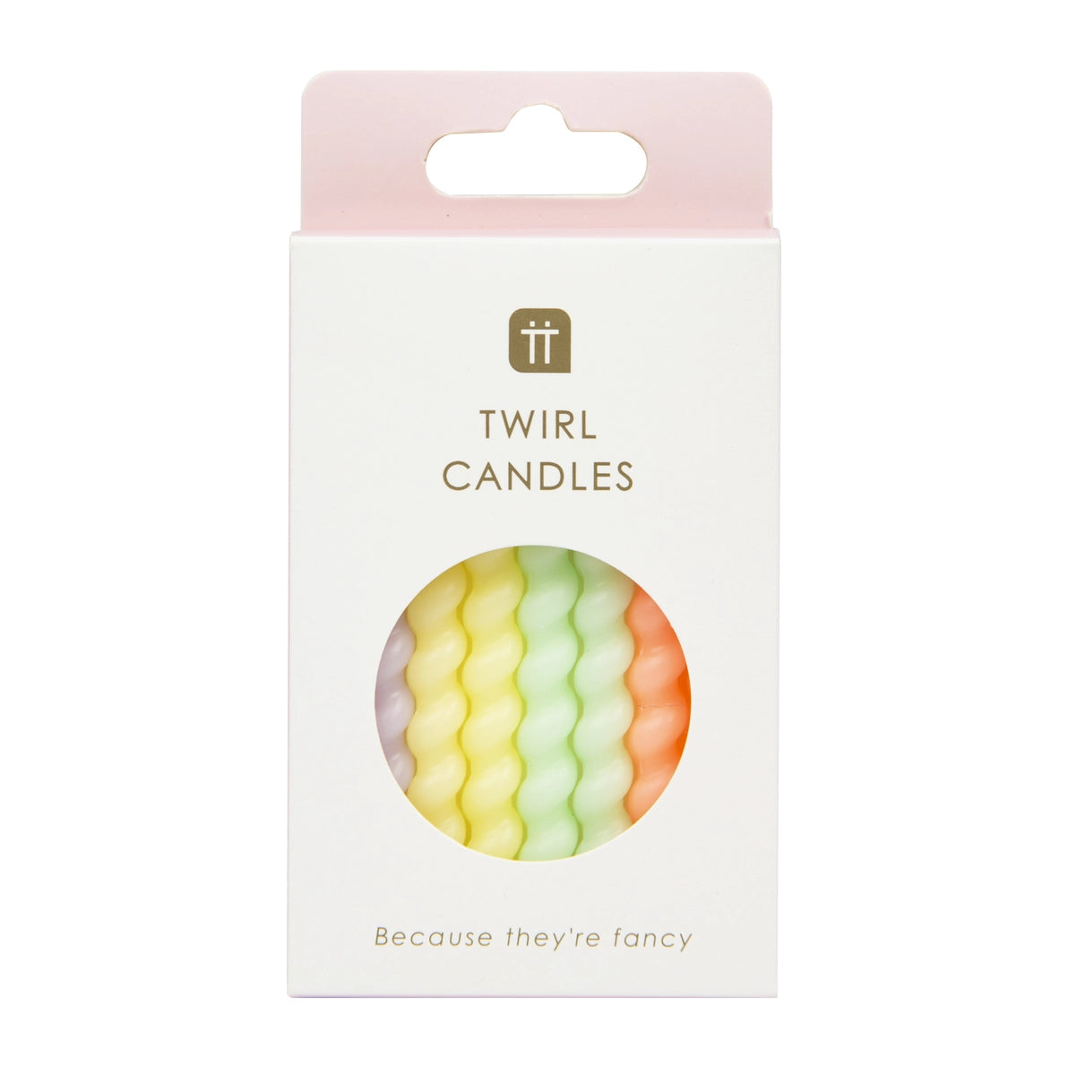 Packaged Twisted Pastel Birthday Candles in a white box with circular window.