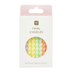 Packaged Twisted Pastel Birthday Candles in a white box with circular window.