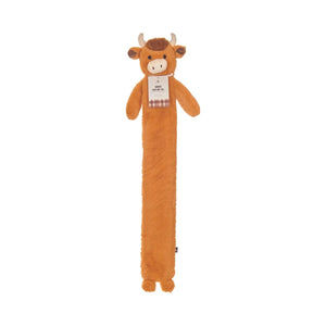 Highland Cow 2 litre hot water bottle with plush orange cover and adorable cow face, horns and tartan detail.