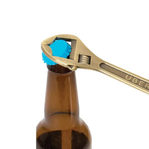 Close-up of the wrench head: Pop open cold ones like a pro with this wrench bottle opener's sturdy jaws and antique brass finish.
