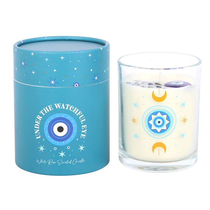 White rose scented candle with crystal chips and all-seeing eye design beside turquoise gift box.