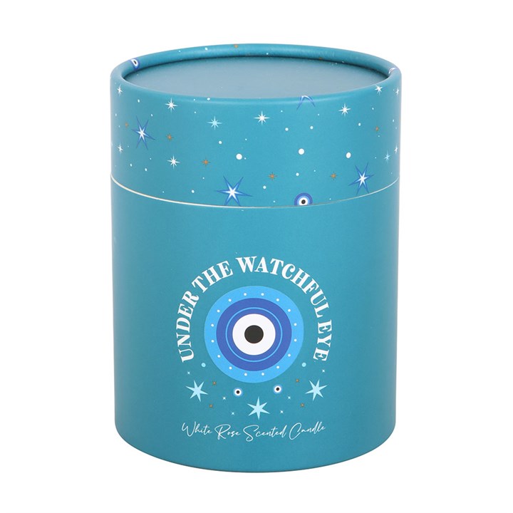 Turquoise cylinder gift box with celestial star design and Under the Watchful Eye text.