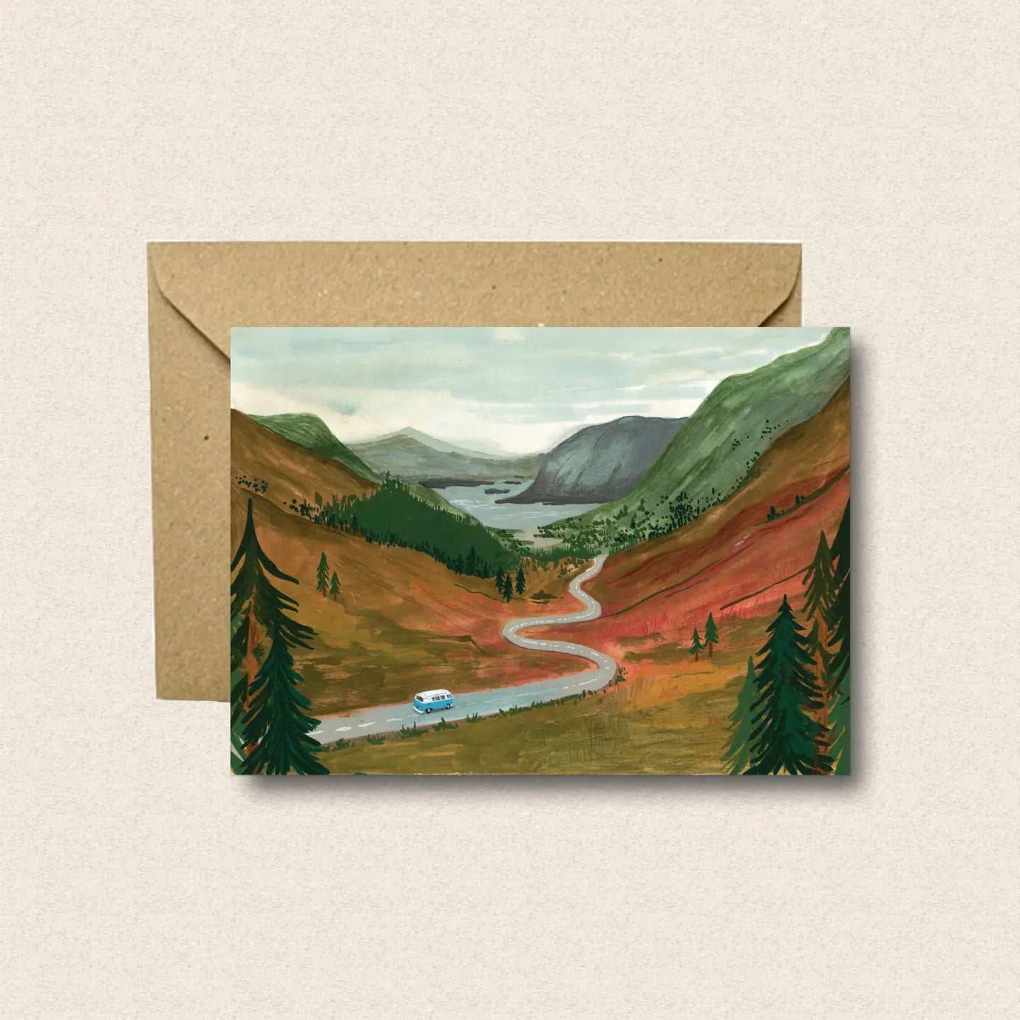 Up the Highlands Campervan Card with illustrated Scottish landscape and winding road, paired with a brown Kraft envelope.