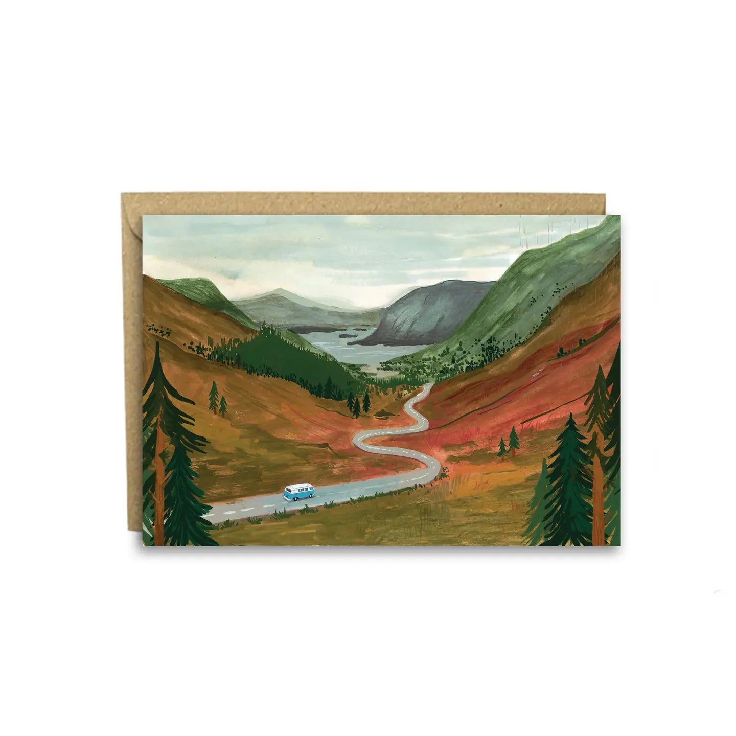 Scottish campervan greetings card featuring a blue van driving through autumnal Highlands scenery with mountains and loch in the distance.