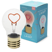 USB rechargeable light bulb lamp with glowing pink heart filament and gold screw base.
