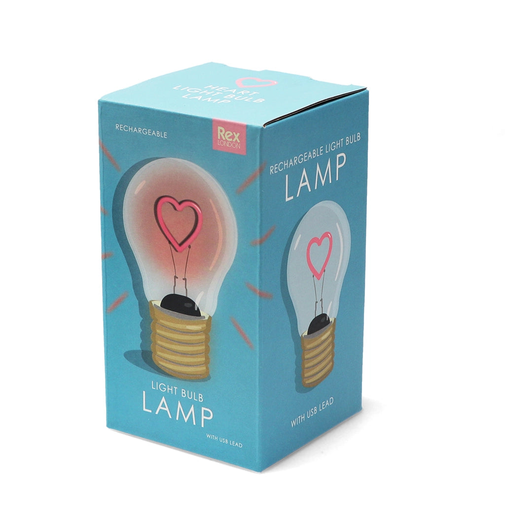 Blue gift box packaging for USB rechargeable heart light bulb lamp with illustrations.