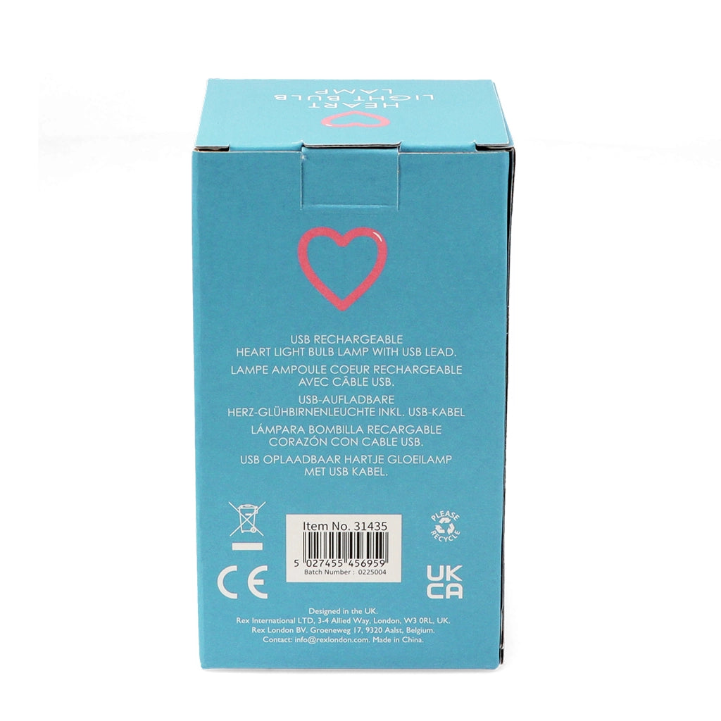 Back view of USB rechargeable heart light bulb lamp packaging with product details.