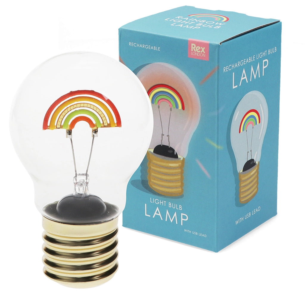 USB Rechargeable Rainbow Light Bulb Lamp with colourful LED rainbow design, shown beside packaging.