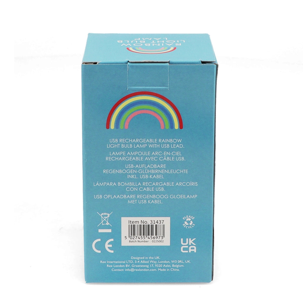 Back view of USB Rechargeable Rainbow Light Bulb Lamp packaging with rainbow graphic and product details.