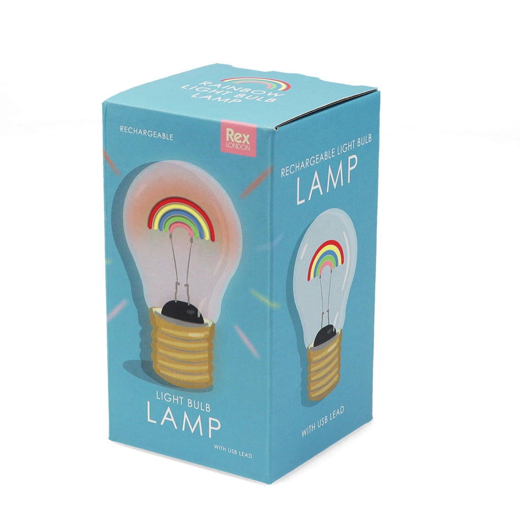 Printed cardboard gift box packaging for USB Rechargeable Rainbow Light Bulb Lamp featuring rainbow design.