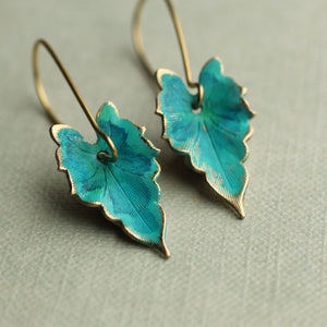 Close-up of Verdigris Leaf Turquoise Green Earrings showcasing their intricate veining and rich turquoise colour.