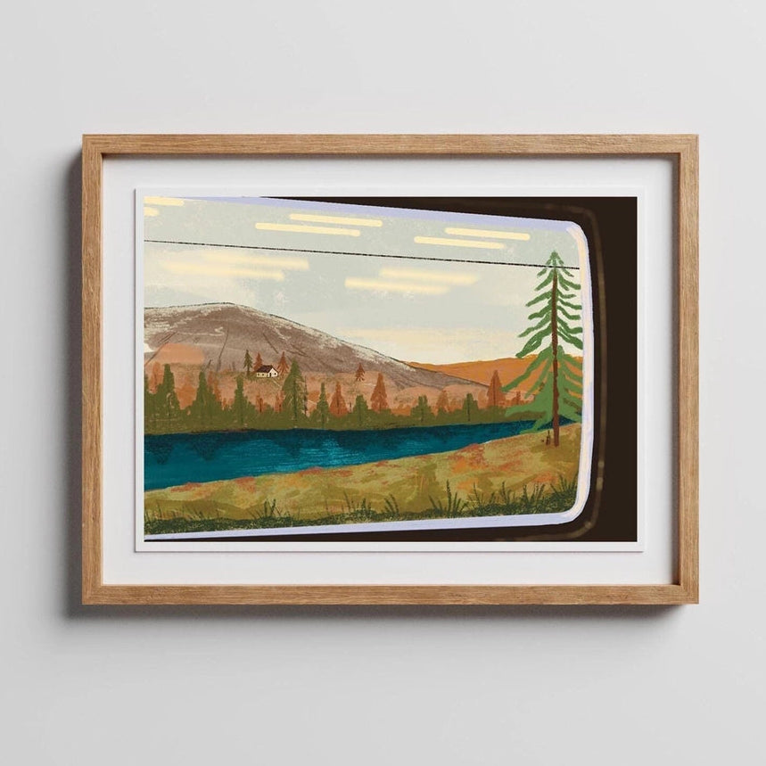 View from the Train Window Art Print framed on wall – giclée landscape print in digital gouache.