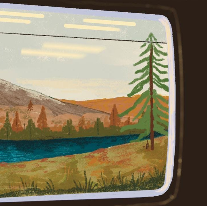 Close-up of View from the Train Window Art Print showing mountains, river and trees in digital gouache style.