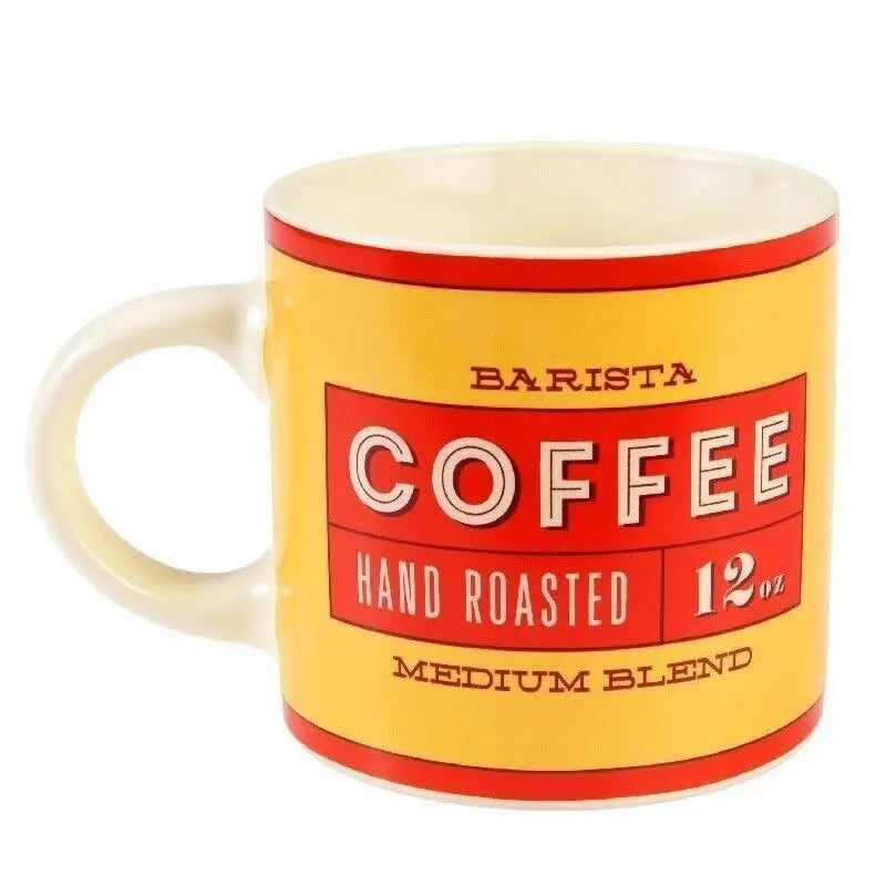 Alternate angle of vintage-style ceramic Barista coffee mug with bold lettering and medium blend label.