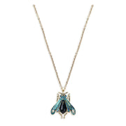 Vintage moth pendant necklace with resin stone and AB crystals on antique gold chain.