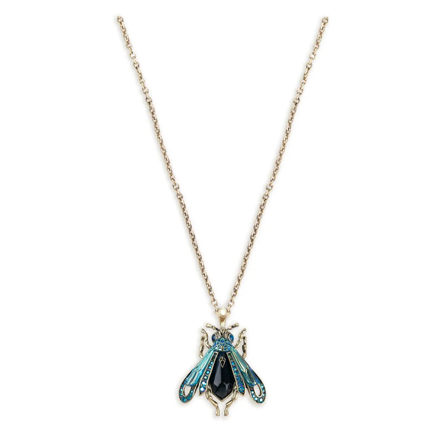 Vintage moth pendant necklace with resin stone and AB crystals on antique gold chain.