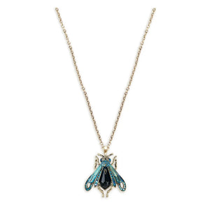 Vintage moth pendant necklace with resin stone and AB crystals on antique gold chain.
