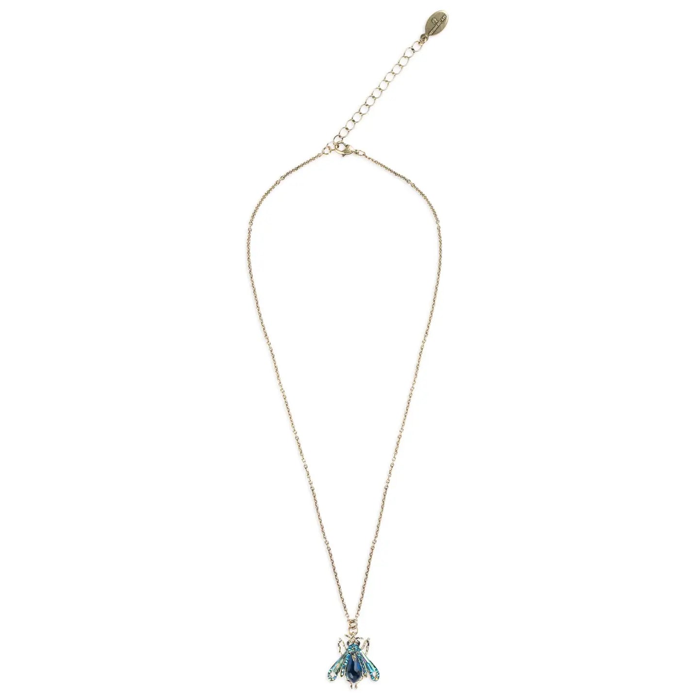 Antique gold moth pendant necklace with blue crystal details and resin stone body.