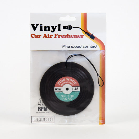 Packaged vinyl record car air freshener with pinewood scent – fun novelty gift in retro-style packaging.