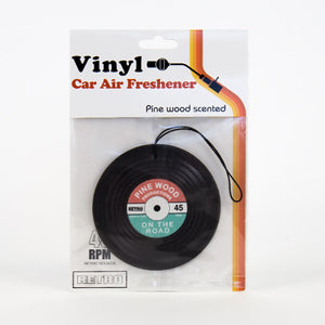 Packaged vinyl record car air freshener with pinewood scent – fun novelty gift in retro-style packaging.