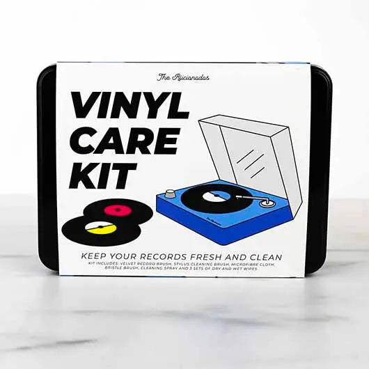 Vinyl Care Kit in storage tin with turntable illustration – record cleaning set