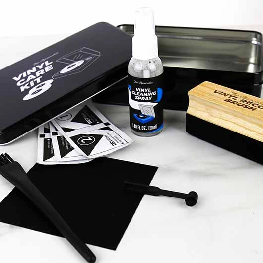 Open Vinyl Cleaning Kit with spray, brushes, cloth, and wipes – vinyl record care tools