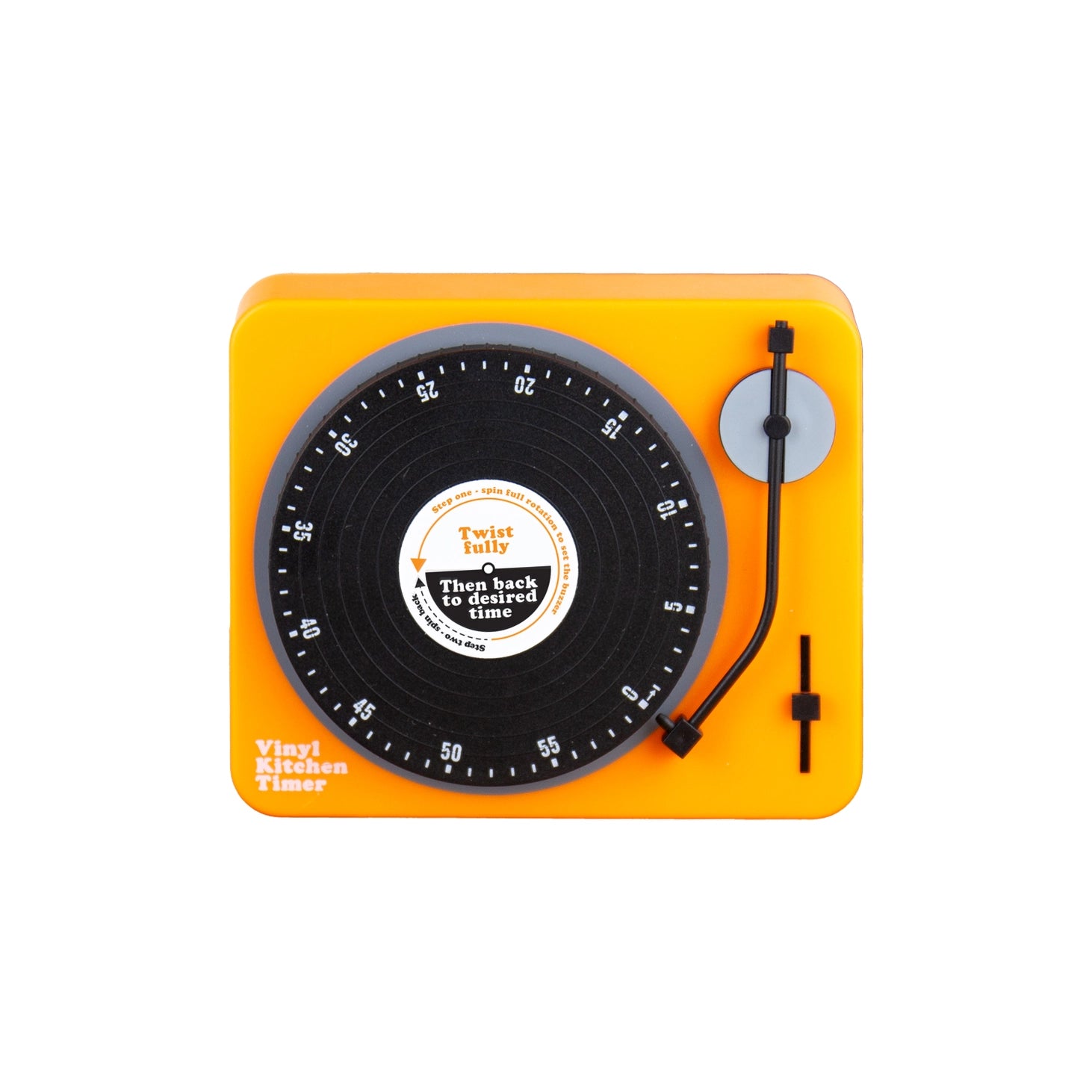 Close-up of Vinyl Kitchen Timer shaped like a record player with black vinyl-style dial.