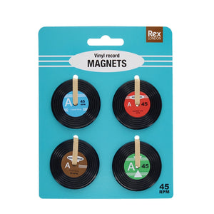 Packaged set of 4 vinyl record-shaped magnets with retro-style labels, mounted on a turquoise Rex London backing card.